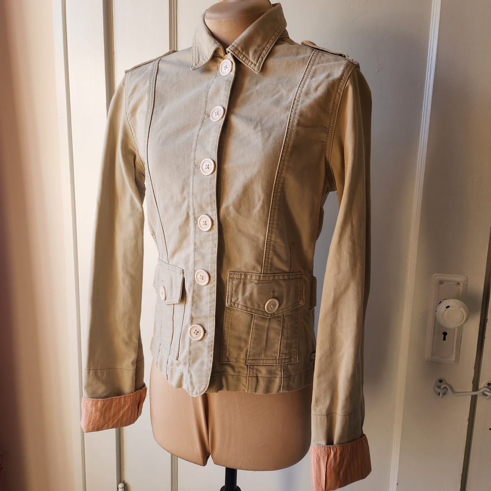 Vtg Y2K Hollister 100% Cotton Beige Jacket with Coral Cuffs